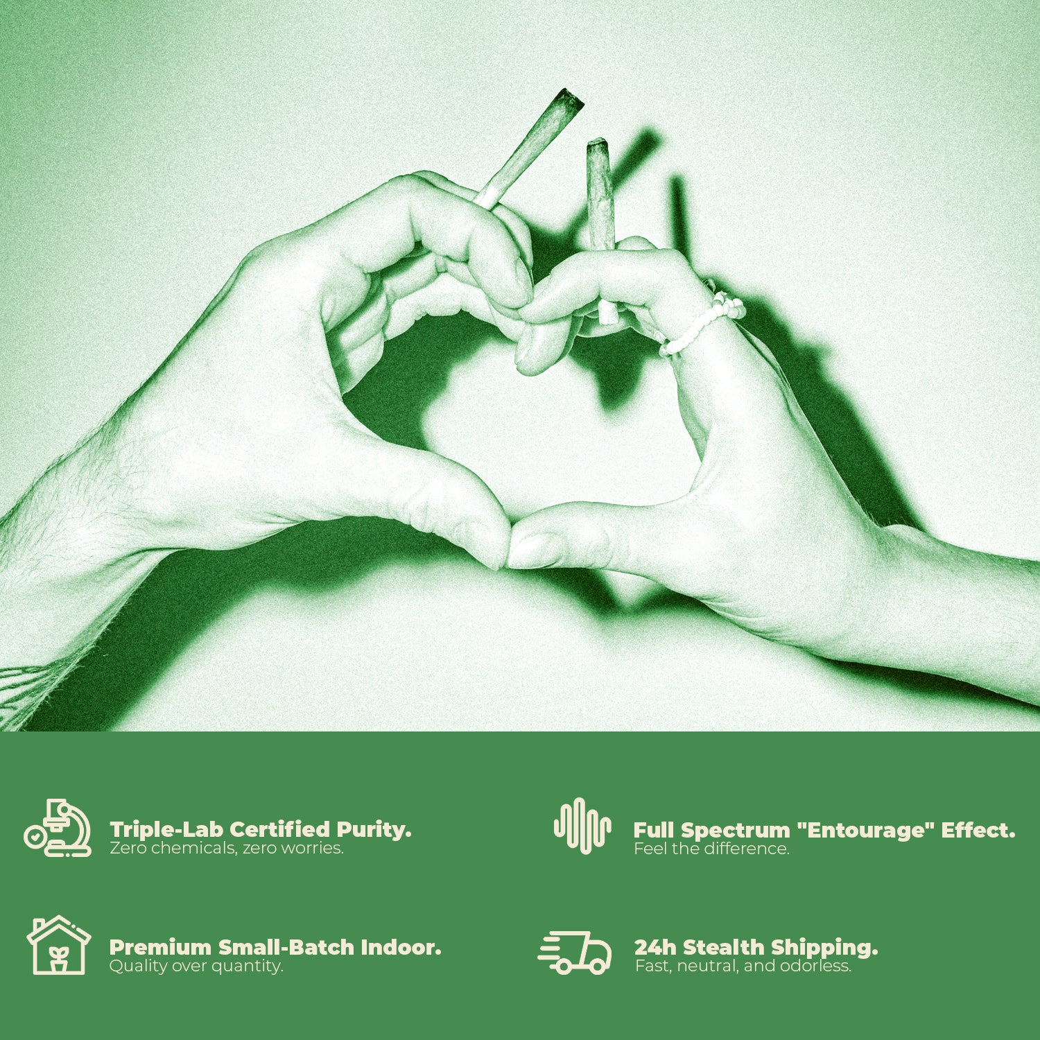 Two hands making a heart shape with cannabis joints against a green background, featuring product certification text.