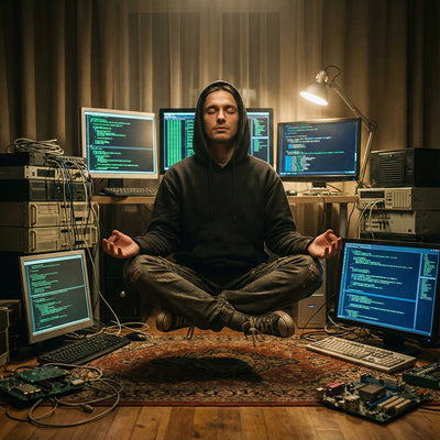 Mann meditiert schwebend mit vielen Computern.