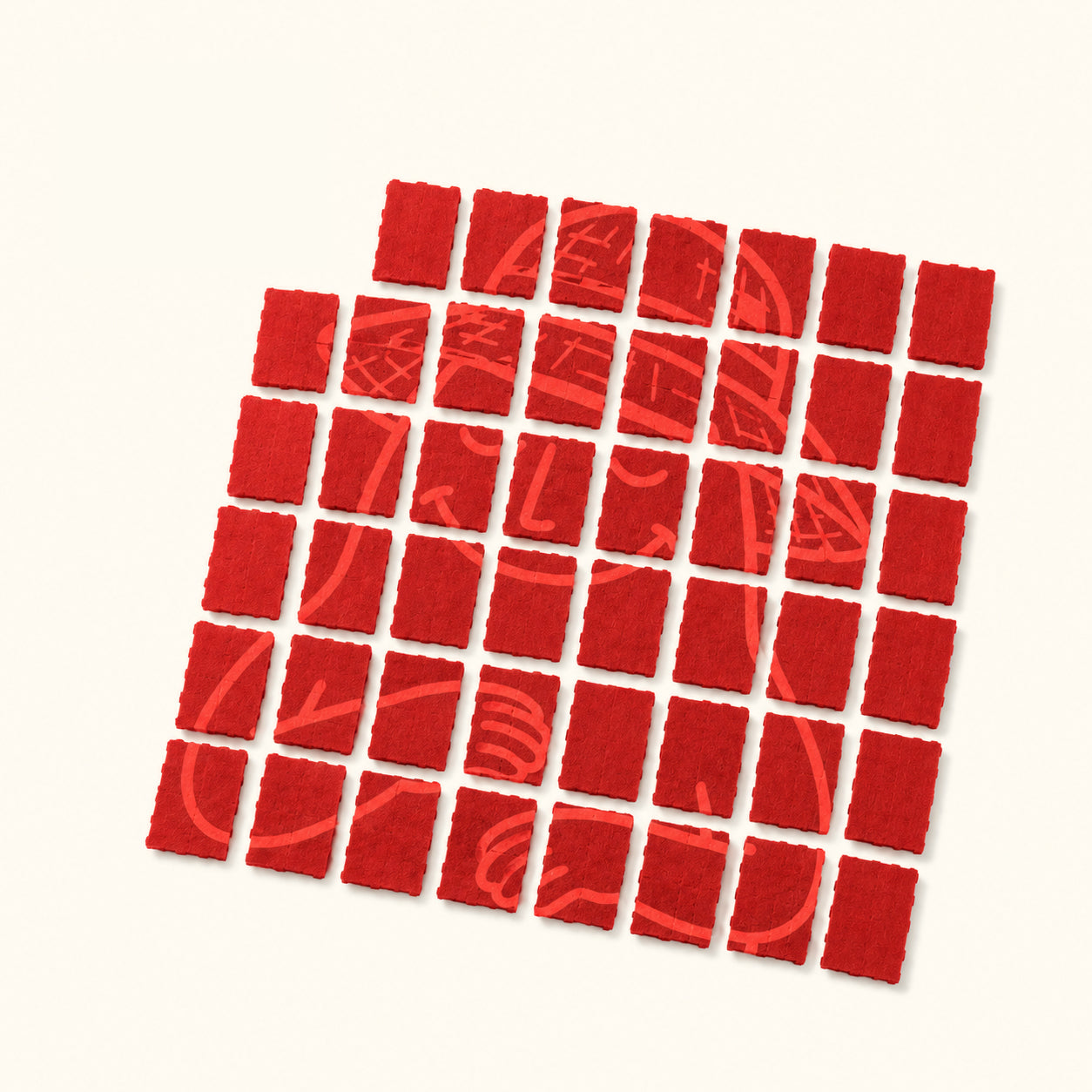 Viele kleine rote MyGreen 4-PRO-MET Blotter-Quadrate mit Fragmenten einer zusammenhängenden Illustration, gleichmäßig auf hellem Hintergrund angeordnet.