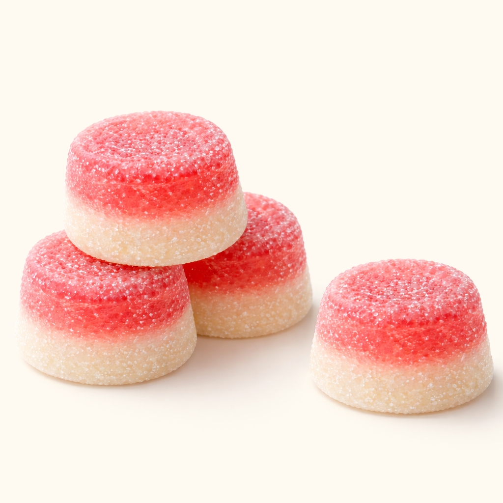 Stack of 4-Pro-MeT red and white gummy candies on a beige background