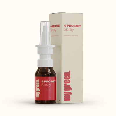 Braune MyGreen 5ml 4-PRO-MET Sprayflasche mit rotem Etikett und weißem Nasenspray-Aufsatz, vor der passenden cremefarbenen Produktverpackung auf hellem Hintergrund.