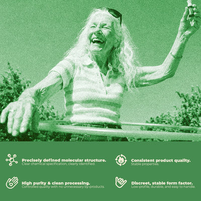 Ältere Frau lacht ausgelassen beim Hula-Hoop im Freien und hält ein kleines MY GREEN 4-PRO-MET Spray in der Hand; darunter vier Produktvorteile zu Struktur, Qualität, Reinheit und diskreter Form.