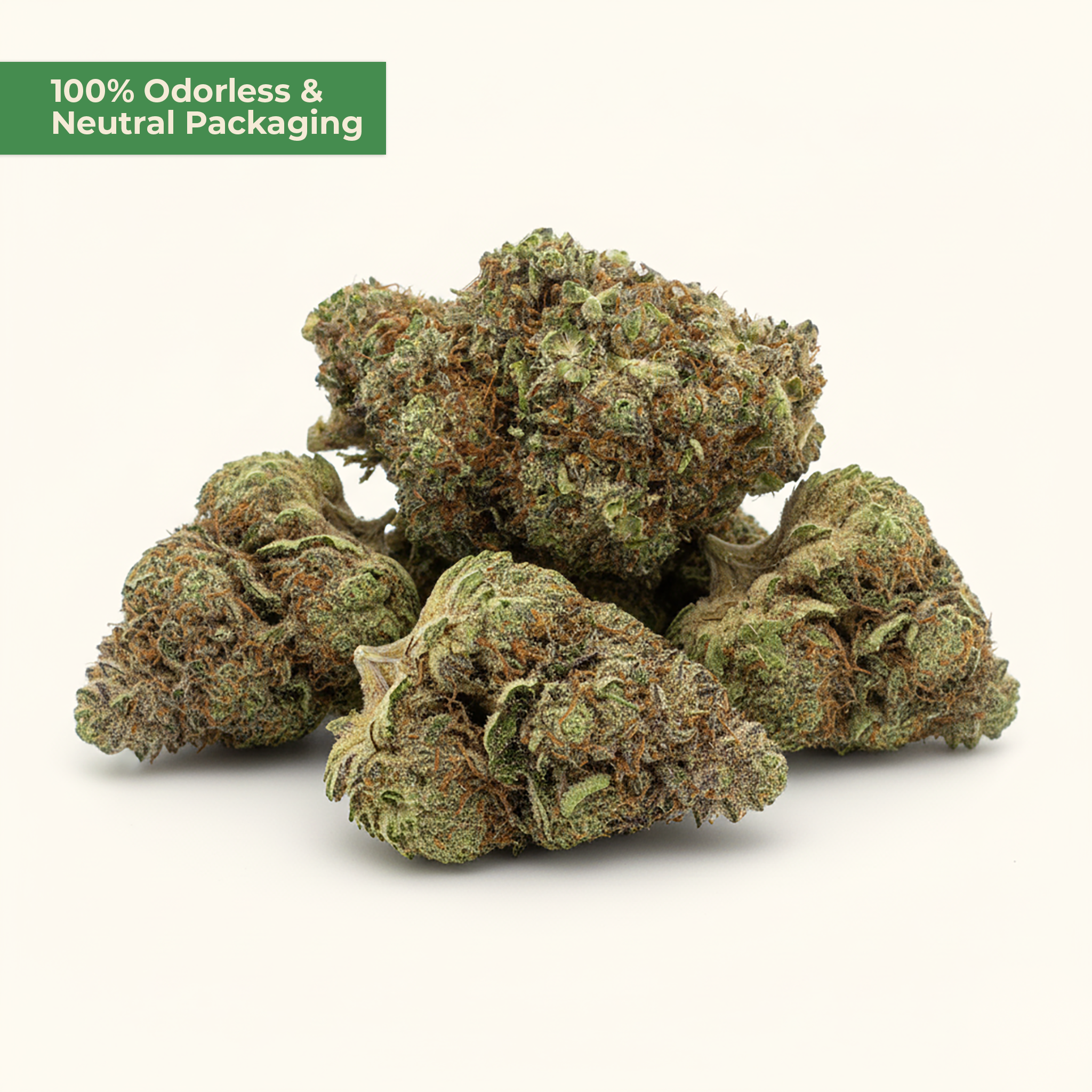Marijuana buds on a white background with text about odorless packaging.