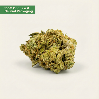 Close-up of a cannabis bud with '100% Odorless & Neutral Packaging' text on a white background