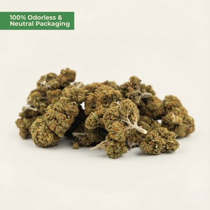 Marijuana buds on a white background with a green label stating '100% Odorless & Neutral Packaging'.