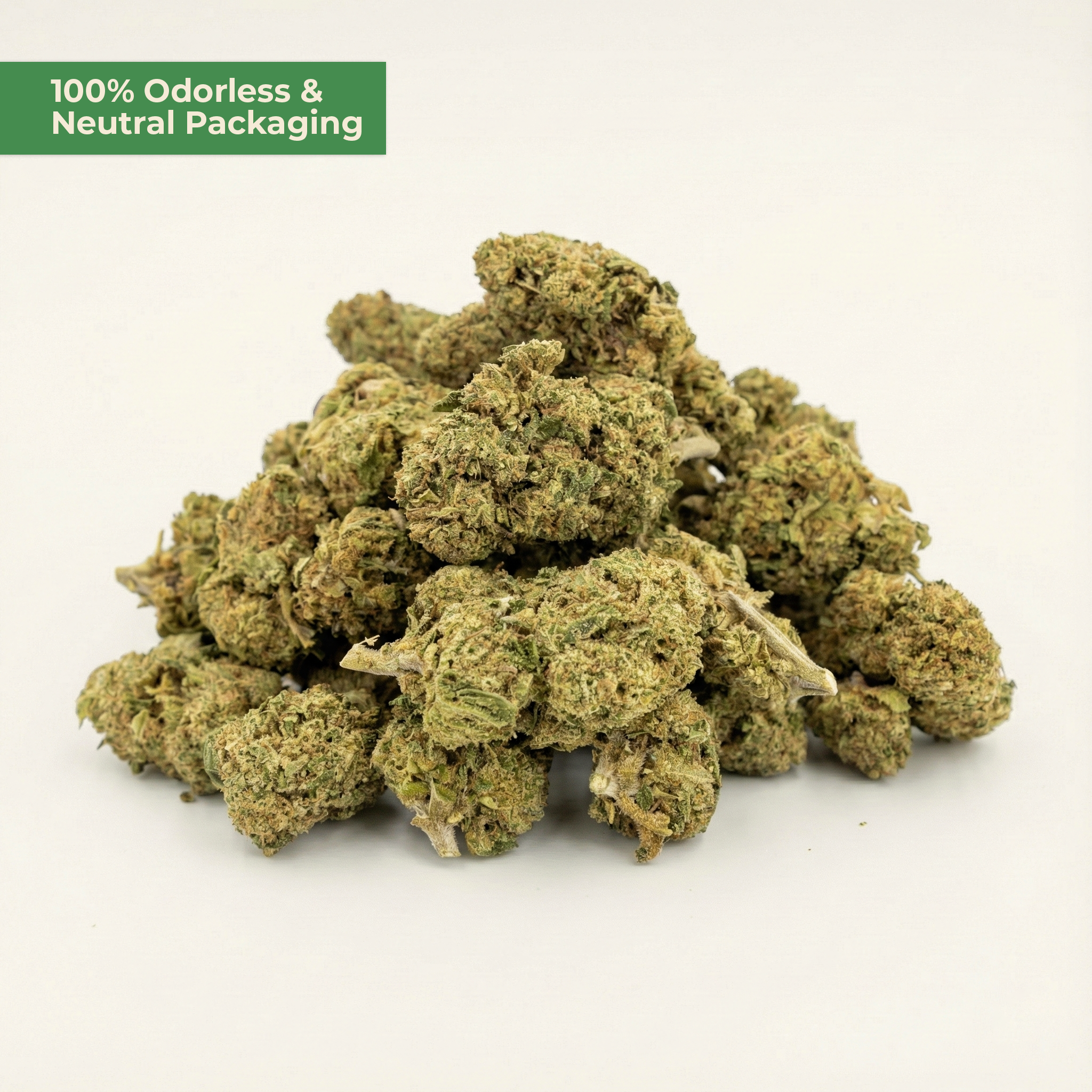 Marijuana buds on a white background with text about odorless packaging.