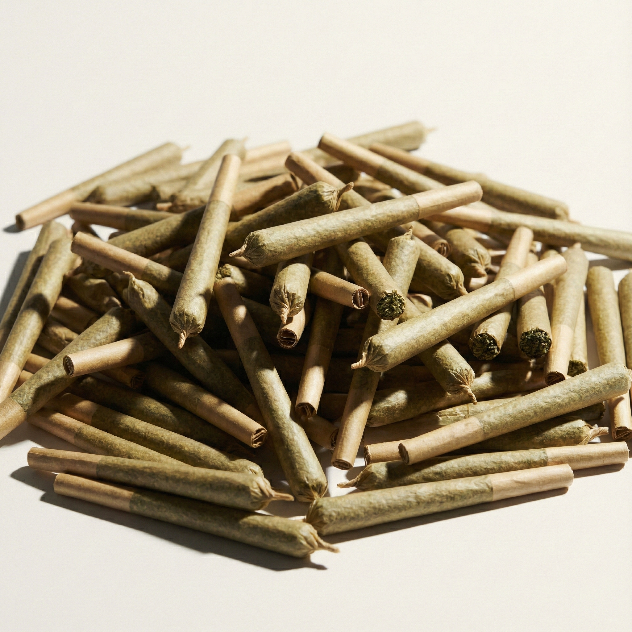 Stack of rolled joints on a light background