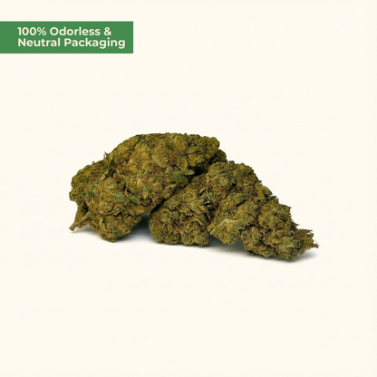 Marijuana buds on a white background with text '100% Odorless & Neutral Packaging'.