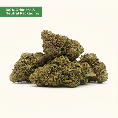 Marijuana buds on a white background with text about odorless packaging.