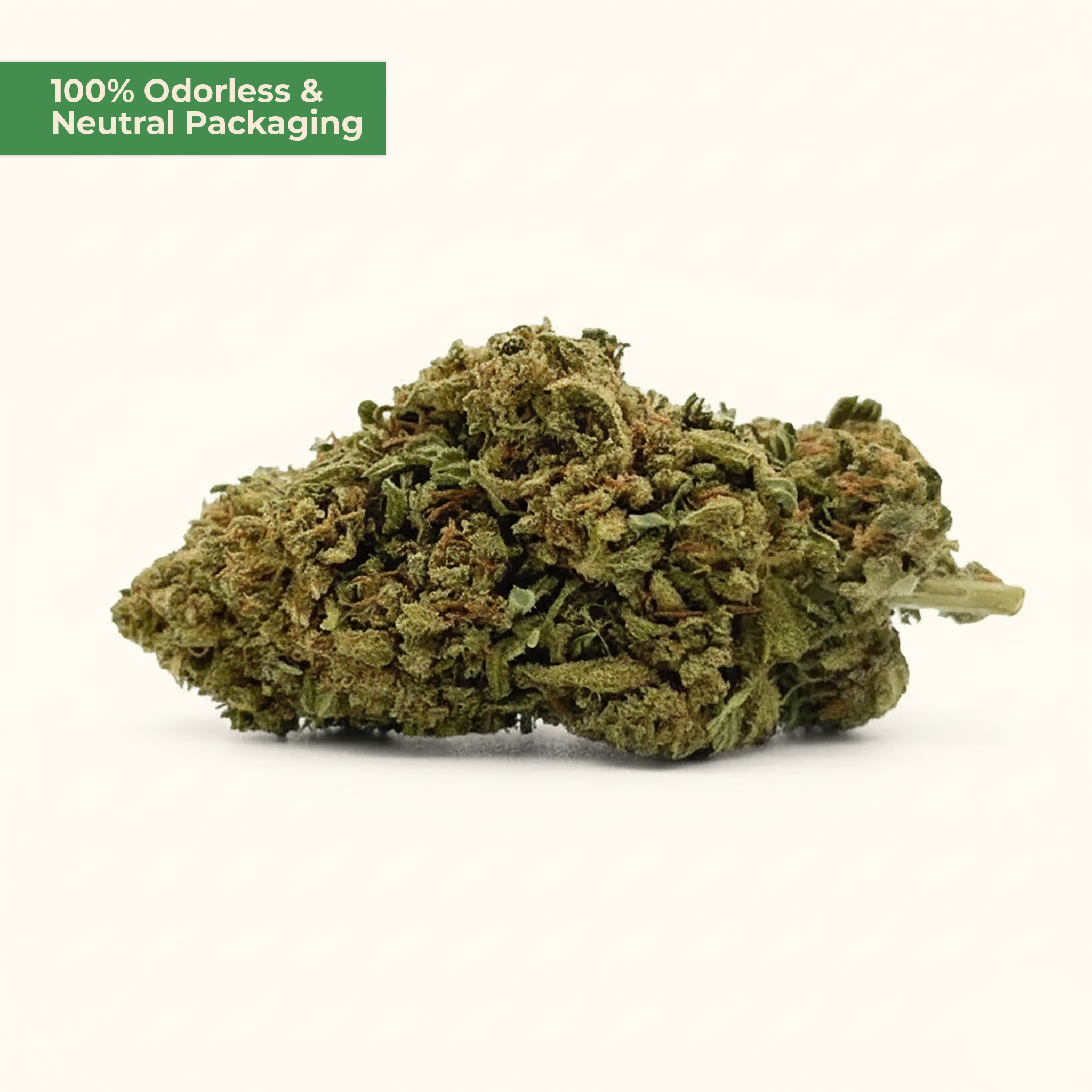 Marijuana bud on a white background with text '100% Odorless & Neutral Packaging'.
