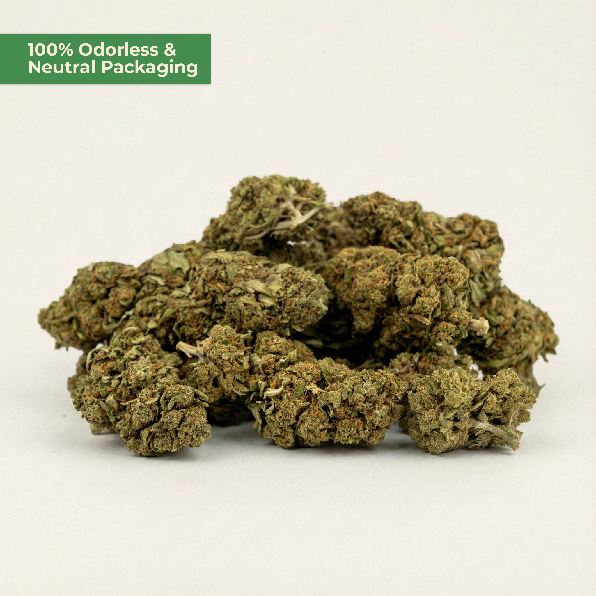 Dry cannabis buds on a white background with text '100% Odorless & Neutral Packaging'.