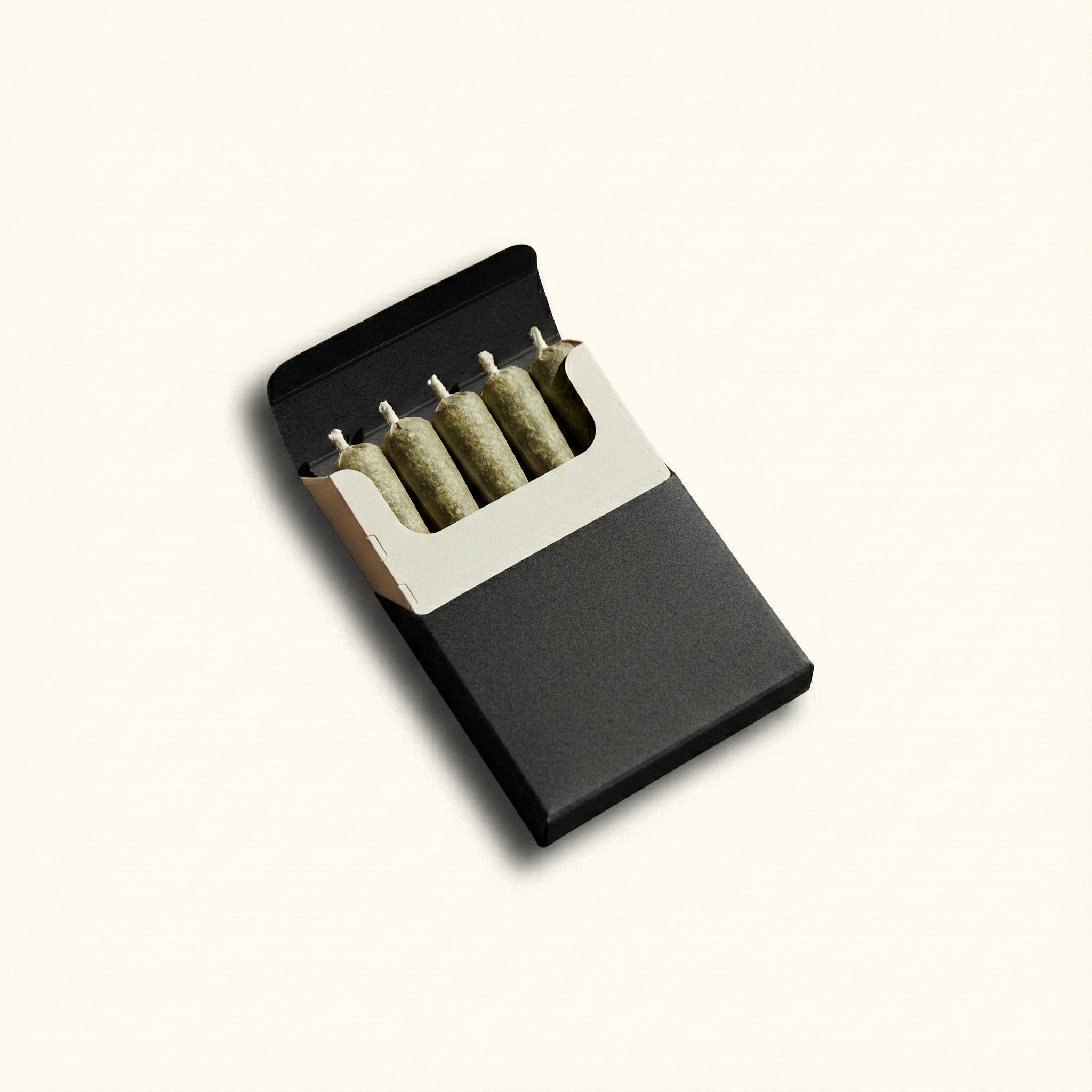 Black and white cigarette case with rolled joints on a white background