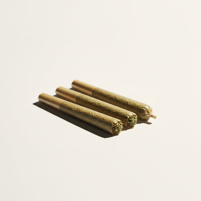 Three rolled joints on a light beige background