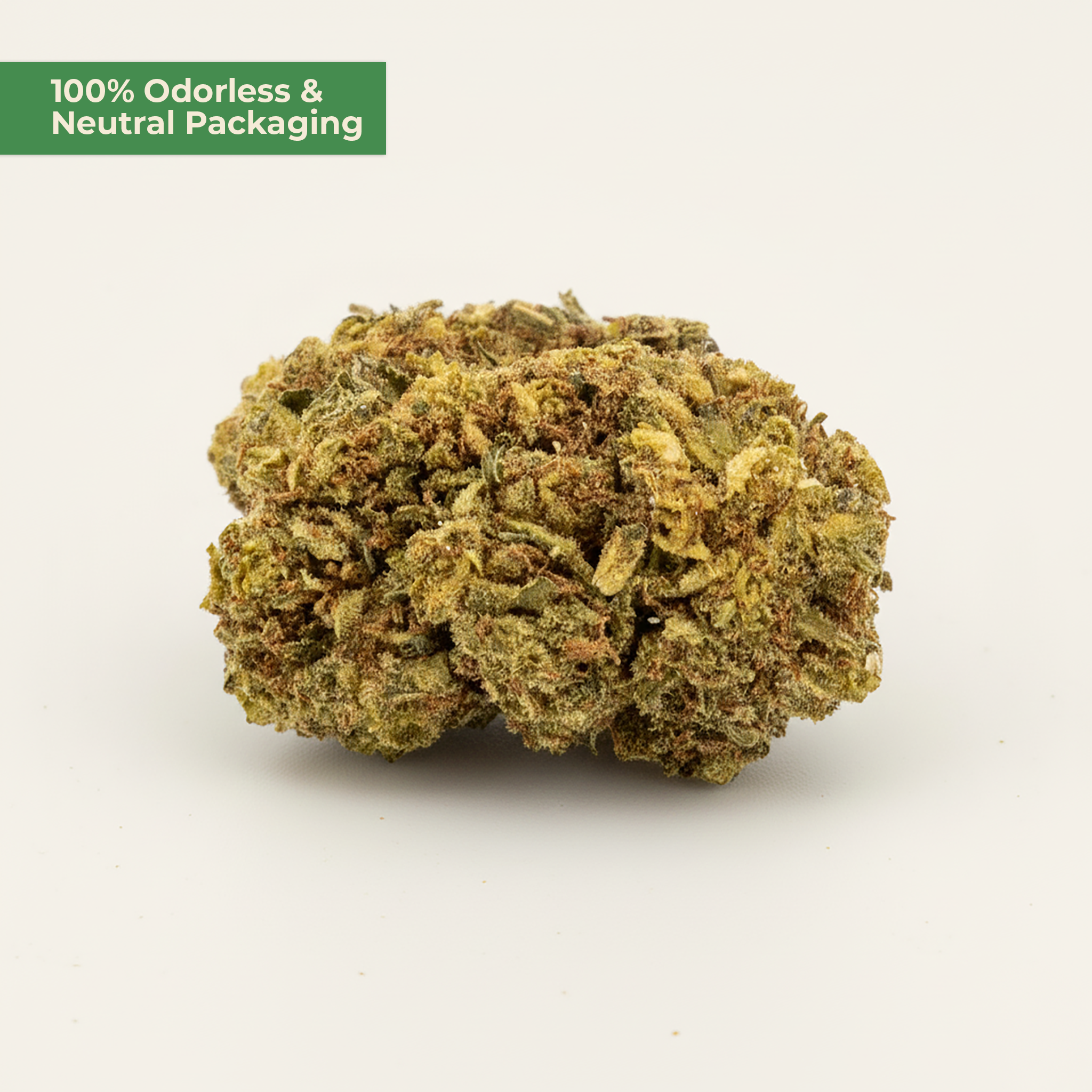 Close-up of a cannabis 10-OH-HHCP bud with '100% Odorless & Neutral Packaging' text on a white background