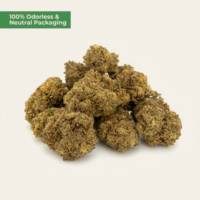 Close-up of a cannabis bud with '100% Odorless & Neutral Packaging' text on a white background