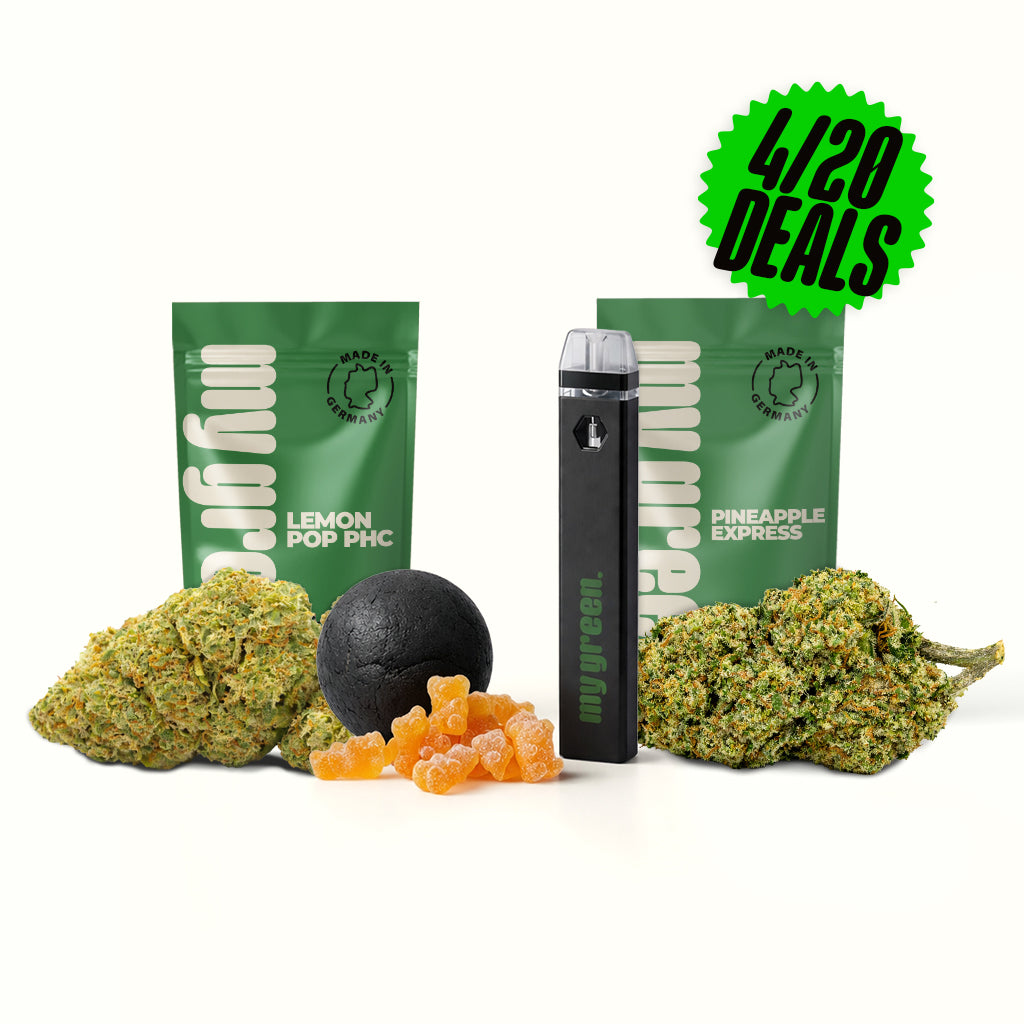 Pineapple Express 9H-HHC, Lemon Pop PHC, Afghan Hasch 9H-HHC, THC Gummibärchen Orange, Cookies 9H-THC Vape bei My Green kaufen.