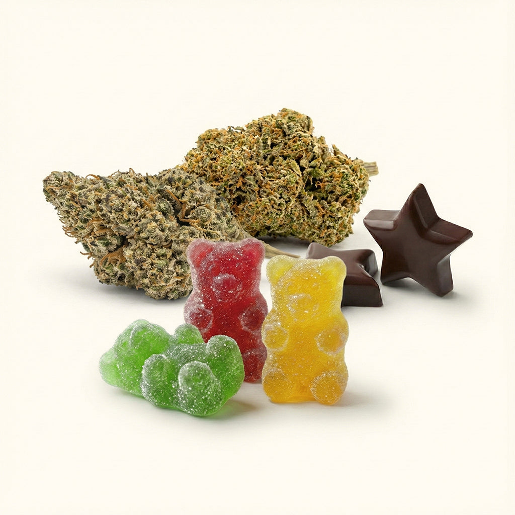 Marijuana buds, gummy bears, and a chocolate star on a white background with text about odorless packaging.