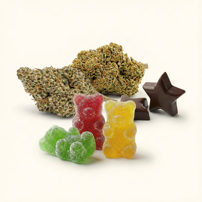 Marijuana buds, gummy bears, and a chocolate star on a white background with text about odorless packaging.