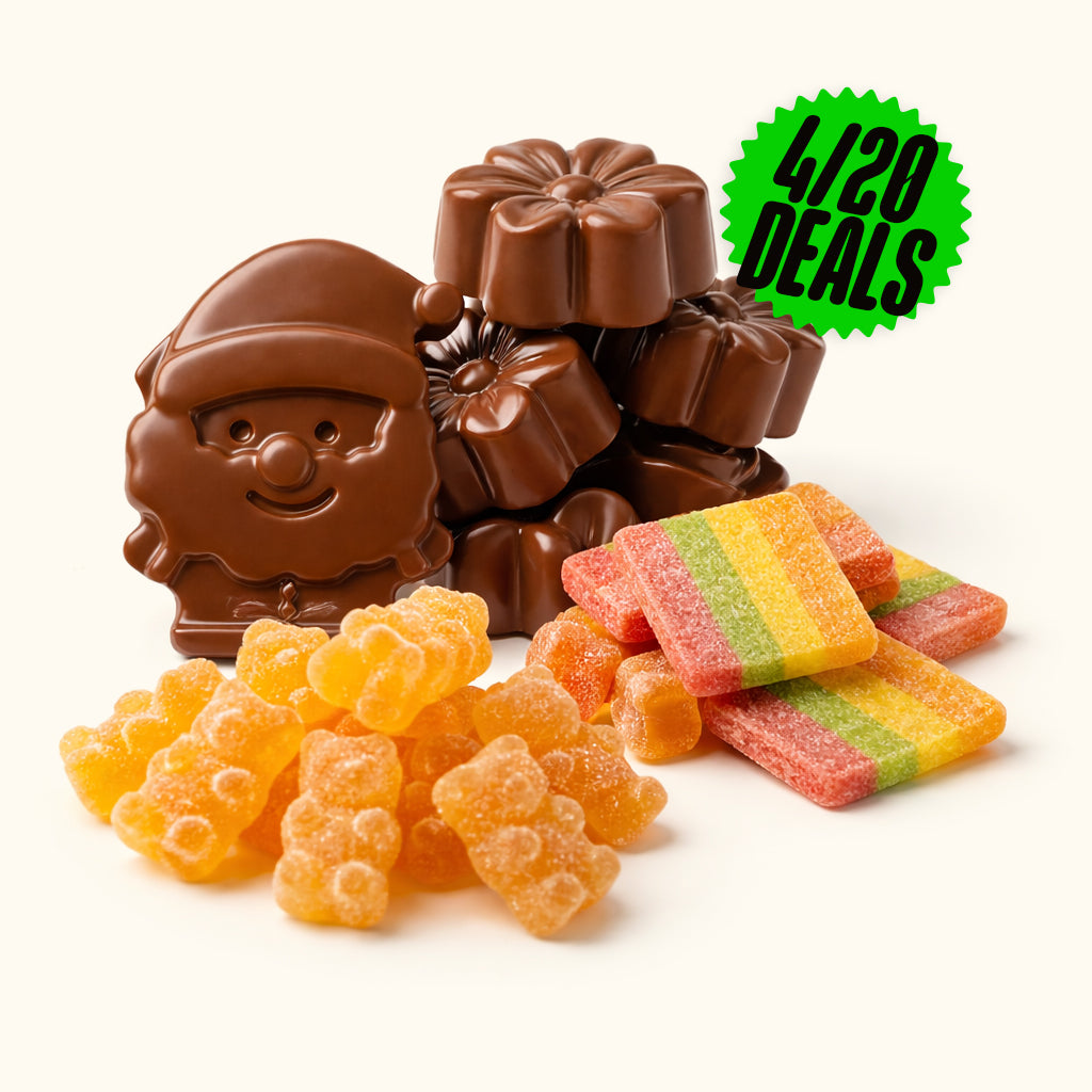 THC Gummibärchen Orange, THC Gummibärchen Peach, THC Spacegummies Rainbow, THC Happy Santa Pralinen & Handgemachte Schokoladenpralinen mit THC bei My Green kaufen.