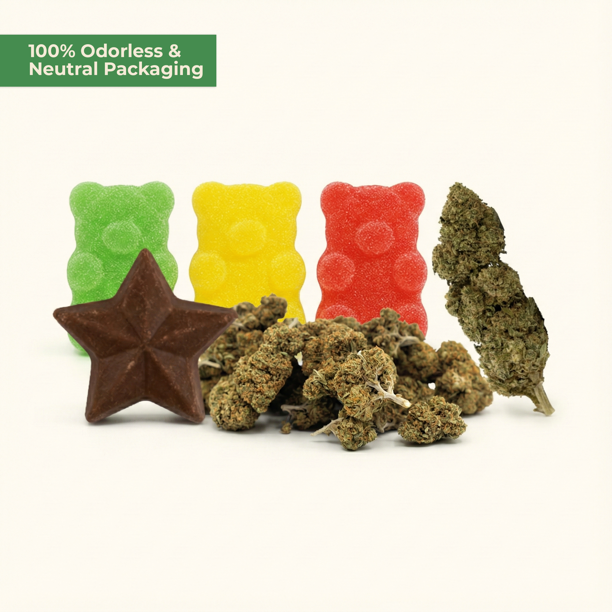Marijuana buds, gummy bears, and a chocolate star on a white background with text about odorless packaging.