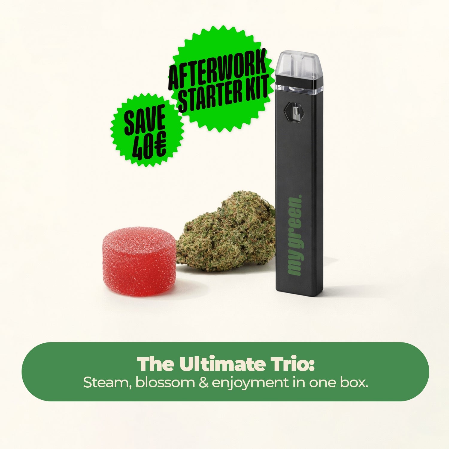 Feierabend - Starter - Kit: THC Vape, Sativa - Blüte & Gummies – 3 Wege zur Entspannung - MYGREEN